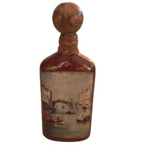 VINTAGE DECOUPAGE BOTTLE • VENICE WATERWAY SCENE • WOODEN STOPPER • 10” x 4”